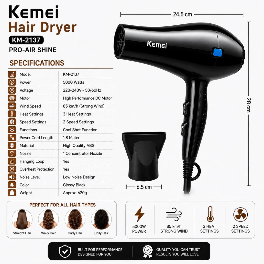Kemei KM-2137 Professional Hair Dryer – 5000W High Power Fast Drying Hair Dryer
