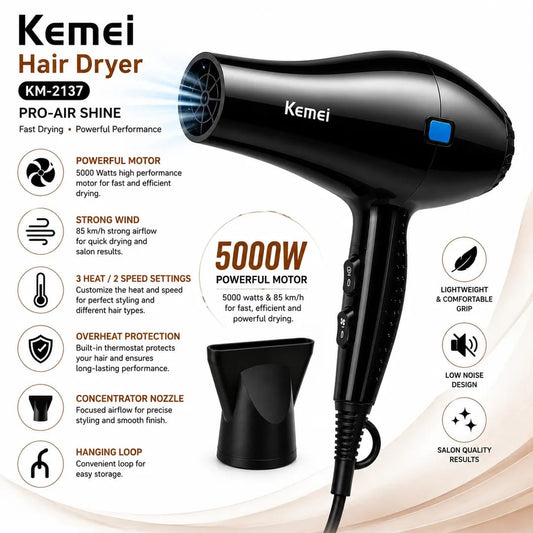 Kemei KM-2137 Professional Hair Dryer – 5000W High Power Fast Drying Hair Dryer
