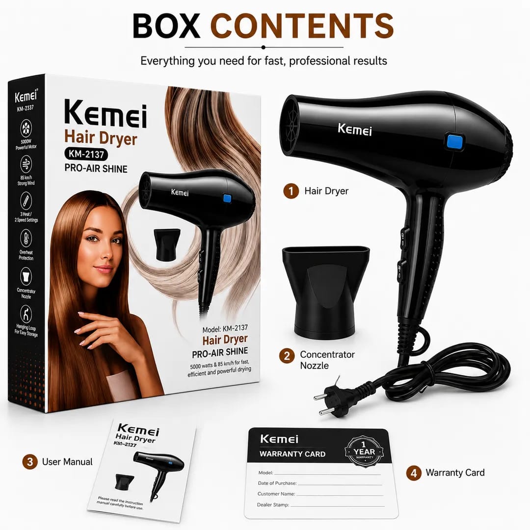Kemei KM-2137 Professional Hair Dryer – 5000W High Power Fast Drying Hair Dryer